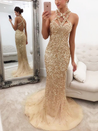 Luxury Sparkly Prom Dresses Rhinestone Halter Sheath Long Sexy Prom Dress JKL1059|Annapromdress