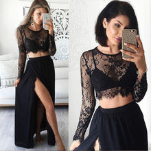 Two Piece Prom Dresses Black Slit Lace Aline Long Sexy Cheap Prom Dress JKL1060|Annapromdress