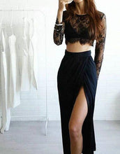 Two Piece Prom Dresses Black Slit Lace Aline Long Sexy Cheap Prom Dress JKL1060|Annapromdress