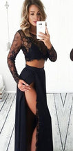 Two Piece Prom Dresses Black Slit Lace Aline Long Sexy Cheap Prom Dress JKL1060|Annapromdress