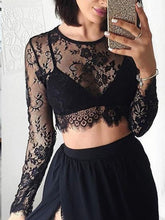 Two Piece Prom Dresses Black Slit Lace Aline Long Sexy Cheap Prom Dress JKL1060|Annapromdress