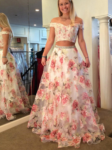 Two Piece Prom Dresses Rose Floral Print Beautiful Prom Dress Sexy Evening Dress JKL1062|Annapromdress