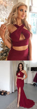 Two Piece Prom Dresses Trumpet Mermaid Burgundy Long Slit Cheap Prom Dress JKL1066|Annapromdress