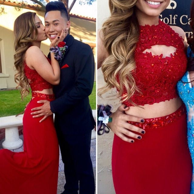 Elegant Two Piece Red Prom Dress Sexy Evening Dress Y1097