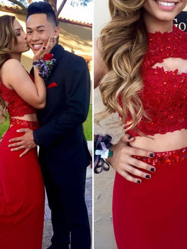 Two Piece Red Prom Dresses Short Train Sheath Column Long Sexy Prom Dress JKL1068|Annapromdress