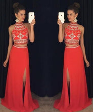 Two Piece Prom Dresses Sheath Column Halter Slit Prom Dress Sexy Evening Dress JKL1069|Annapromdress