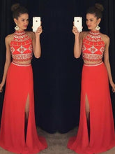 Two Piece Prom Dresses Sheath Column Halter Slit Prom Dress Sexy Evening Dress JKL1069|Annapromdress