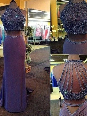 Sparkly Two Piece Prom Dresses Column Rhinestone Sweep Train Long Prom Dress JKL1070|Annapromdress