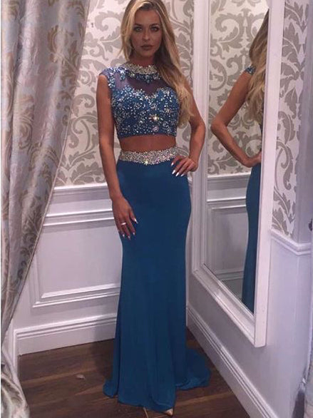 Two Piece Prom Dresses Sheath Rhinestone Open Back Sparkly Long Prom D –  Anna PromDress