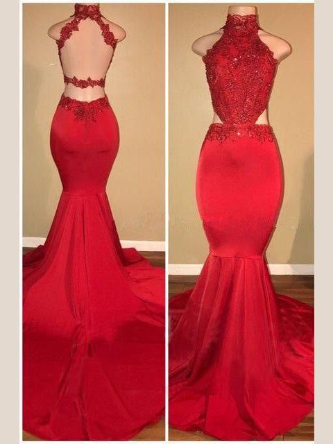 Red Prom Dresses High Neck Trumpet Mermaid Long Sexy Open Back Prom Dress JKL1074|Annapromdress