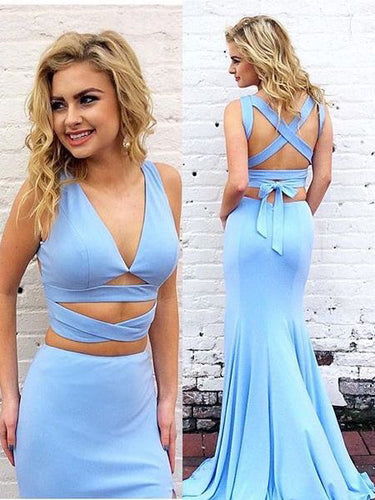 Two Piece Prom Dresses V-neck Mermaid Simple Long Sexy Cheap Prom Dress JKL1075|Annapromdress