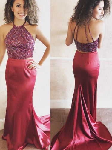 Two Piece Prom Dresses Mermaid Rhinestone Burgundy Long Sexy Prom Dress JKL1077|Annapromdress