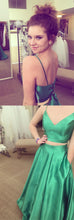 Two Piece Prom Dresses Spaghetti Straps Hunter Green Aline Long Prom Dress JKL1078|Annapromdress