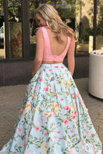 Two Piece Prom Dresses Floral Print Straps Pink Long Open Back Prom Dress JKL1081|Annapromdress
