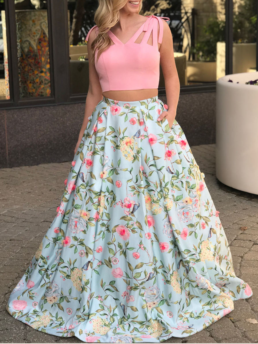 Two Piece Prom Dresses Floral Print Straps Pink Long Open Back Prom Dress JKL1081|Annapromdress