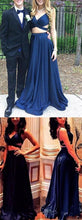 Two Piece Prom Dresses V-neck Aline Dark Navy Simple Long Cheap Prom Dress JKL1085|Annapromdress