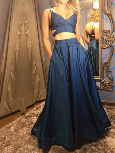 Two Piece Prom Dresses V-neck Aline Dark Navy Simple Long Cheap Prom Dress JKL1085|Annapromdress