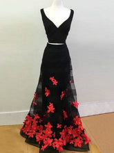 Two Piece Prom Dresses Hand-Made Flower Straps Chic Long Black Prom Dress JKL1087|Annapromdress