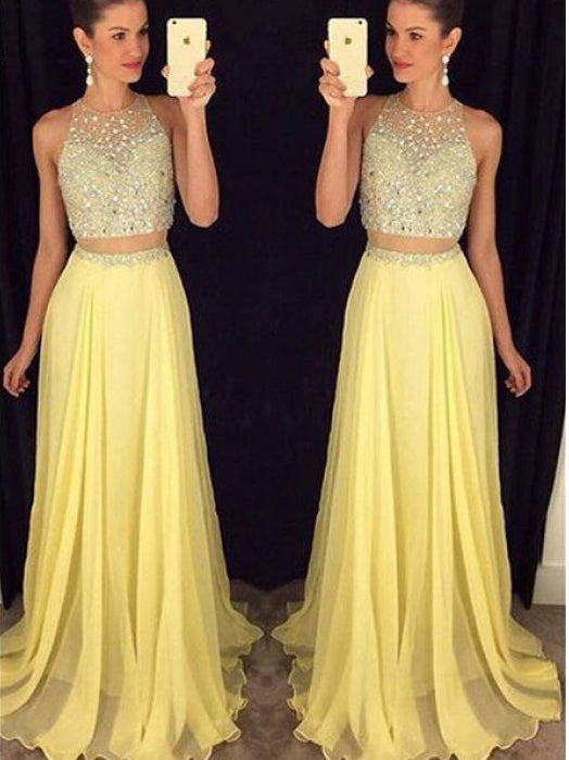 Two Piece Prom Dresses A Line Rhinestone Yellow Long Sparkly Prom Dress JKL1088|Annapromdress