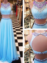 Two Piece Prom Dresses Lace Aline Long Sparkly Sexy Blue Chiffon Prom Dress JKL1089|Annapromdress