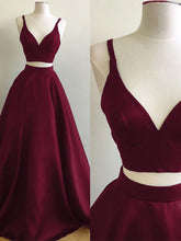 Two Piece Prom Dresses Straps Burgundy Satin Prom Dress/Evening Dress JKL108