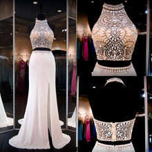 Two Piece Prom Dresses Sheath Rhinestone Halter Slit Prom Dress Sexy Evening Dress JKL1090|Annapromdress
