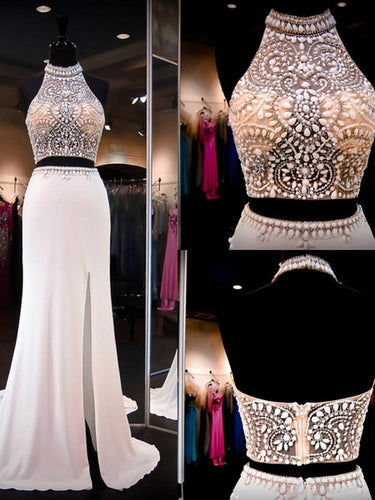 Two Piece Prom Dresses Sheath Rhinestone Halter Slit Prom Dress Sexy Evening Dress JKL1090|Annapromdress