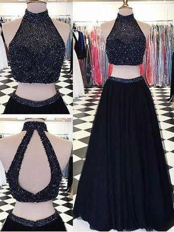 Black Two Piece Prom Dresses Beading Aline High Neck Long Sparkly Prom Dress JKL1091|Annapromdress