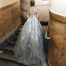 Beautiful Prom Dresses Off-the-shoulder Sweep Train Fairy Grey Long Prom Dress JKL1092|Annapromdress