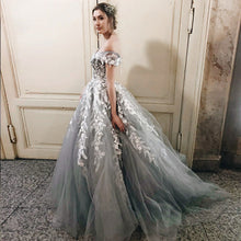 Beautiful Prom Dresses Off-the-shoulder Sweep Train Fairy Grey Long Prom Dress JKL1092|Annapromdress