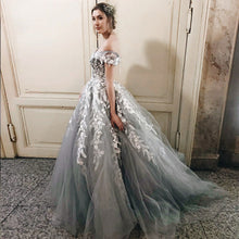 Beautiful Prom Dresses Off-the-shoulder Sweep Train Fairy Grey Long Prom Dress JKL1092|Annapromdress