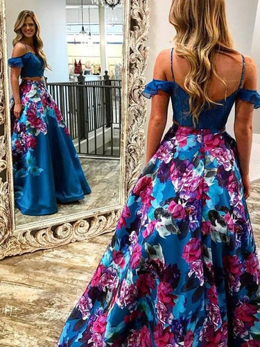 Two Piece Prom Dresses Floral Print Spaghetti Straps Prom Dress Long Evening Dress JKL1093|Annapromdress