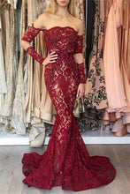 Long Sleeve Mermaid Prom Dresses Lace Chic Short Train Burgundy Prom Dress JKL1094|Annapromdress
