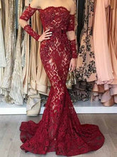 Long Sleeve Mermaid Prom Dresses Lace Chic Short Train Burgundy Prom Dress JKL1094|Annapromdress