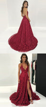 Open Back Prom Dresses Halter V-neck A Line Lace Burgundy Slit Sexy Prom Dress JKL1095|Annapromdress