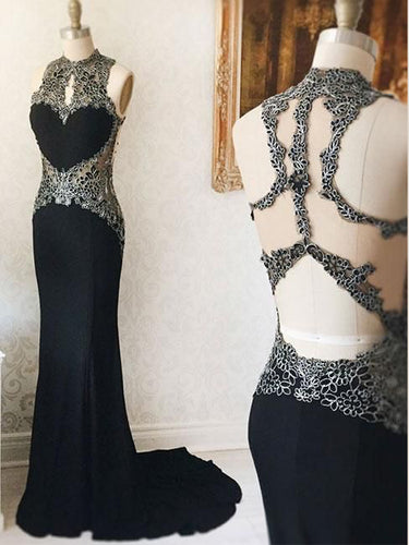 Black Prom Dresses Appliques High Neck Sheath Column Long Jersey Sexy Prom Dress JKL1096|Annapromdress