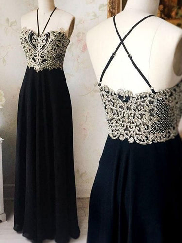 A Line Prom Dresses Appliques Halter Black Long Prom Dress Sexy Evening Dress JKL1097|Annapromdress