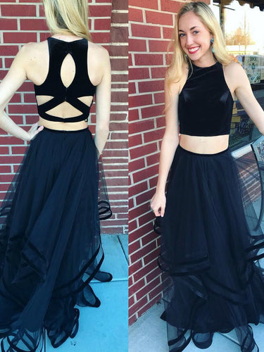 Two Piece Prom Dresses Simple Flowy Aline Velet Long Black Cheap Prom Dress JKL1098|Annapromdress