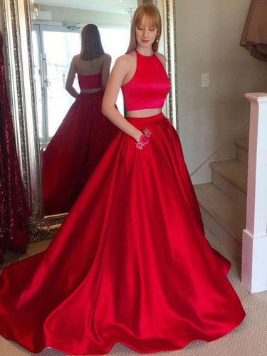 Red Two Piece Prom Dresses Halter Simple Embroidery Long Prom Dress with Pockets JKL1101|Annapromdress