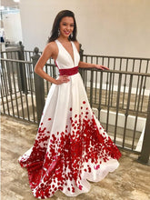Chic White Prom Dresses Straps V-neck A Line Floral Print Sexy Long Prom Dress JKL1102|Annapromdress