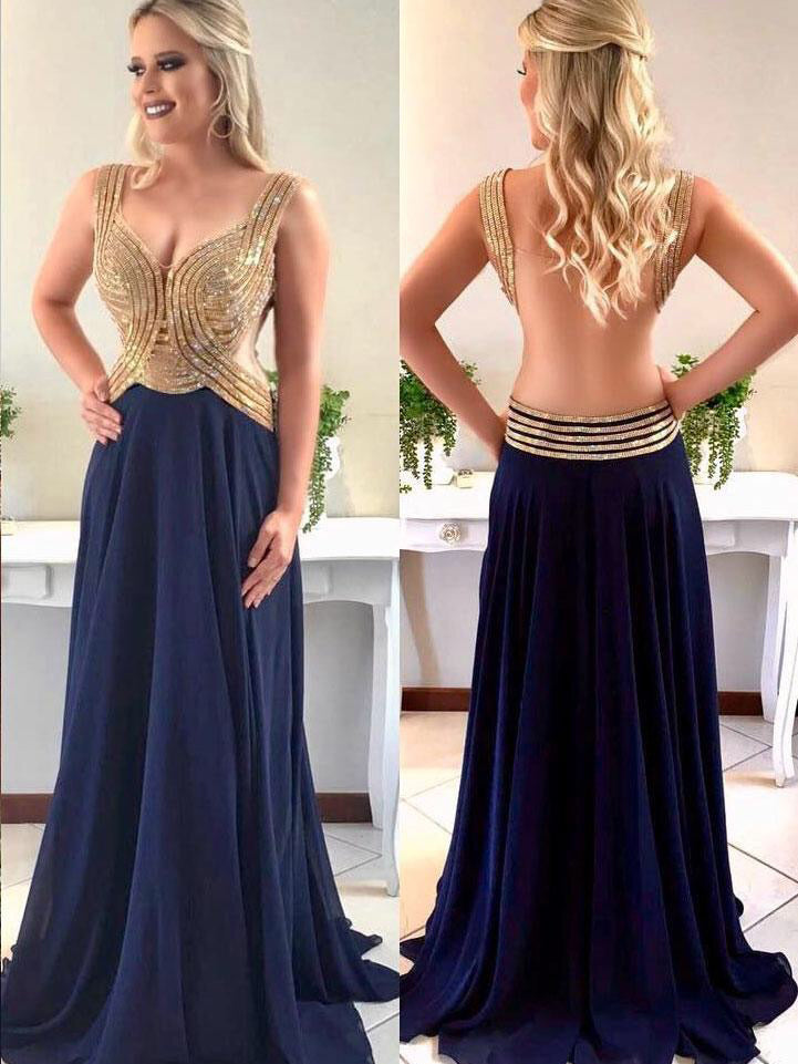 Sparkly Prom Dresses Aline Straps V-neck Long Chiffon Open Back Prom Dress JKL1110|Annapromdress