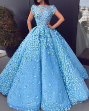 Beautiful Prom Dresses Blue Floral Lace Bateau Long Ball Gown Prom Dress JKL1111|Annapromdress