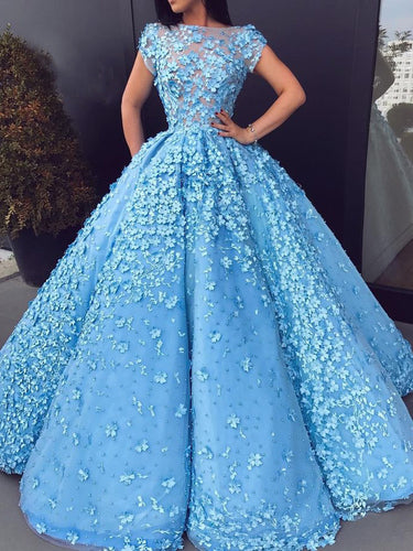 Beautiful Prom Dresses Blue Floral Lace Bateau Long Ball Gown Prom Dress JKL1111|Annapromdress