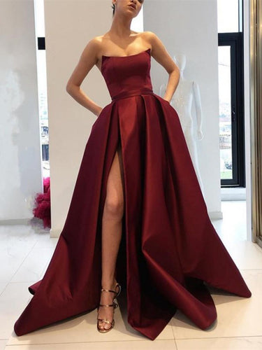 Simple Prom Dresses A Line Strapless Burgundy Slit Prom Dress Sexy Evening Dress JKL1112|Annapromdress