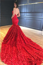 Red Mermaid Prom Dresses Spaghetti Straps Trumpet Sweep Train Rose Lace Prom Dress JKL1117|Annapromdress