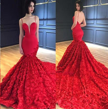 Red Mermaid Prom Dresses Spaghetti Straps Trumpet Sweep Train Rose Lace Prom Dress JKL1117|Annapromdress