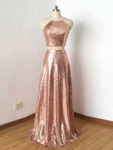 Two Piece Prom Dresses A-line Rose Gold Sequins Long Prom Dress Sexy Evening Dress JKL1121|Annapromdress