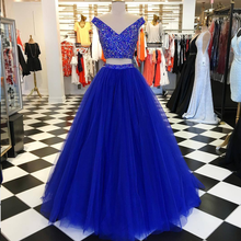 Two Piece Prom Dresses V-neck Rhinestone Sweep Train Sparkly Royal Blue Prom Dress JKL1123|Annapromdress