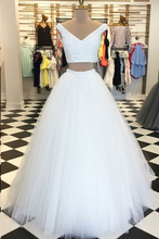 Two Piece Prom Dresses V-neck Rhinestone Sweep Train Sparkly Royal Blue Prom Dress JKL1123|Annapromdress