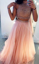 Two Piece Prom Dresses A Line High Neck Long Prom Dress Sexy Evening Dress JKL1124|Annapromdress